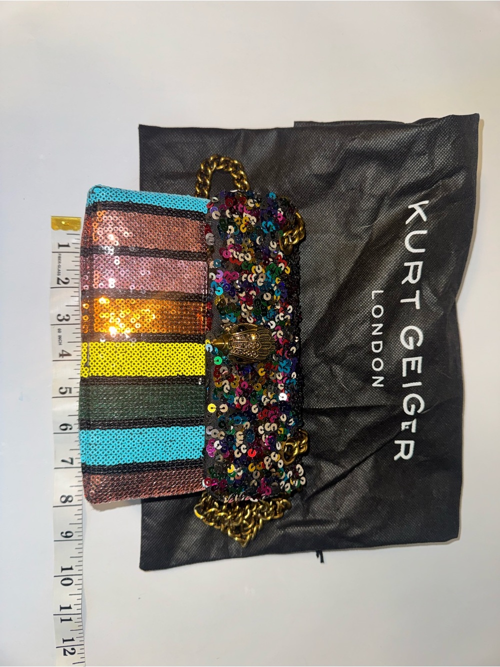 Kurt Geiger Multicolor Sequin Stripe Clutch with Gold Chain